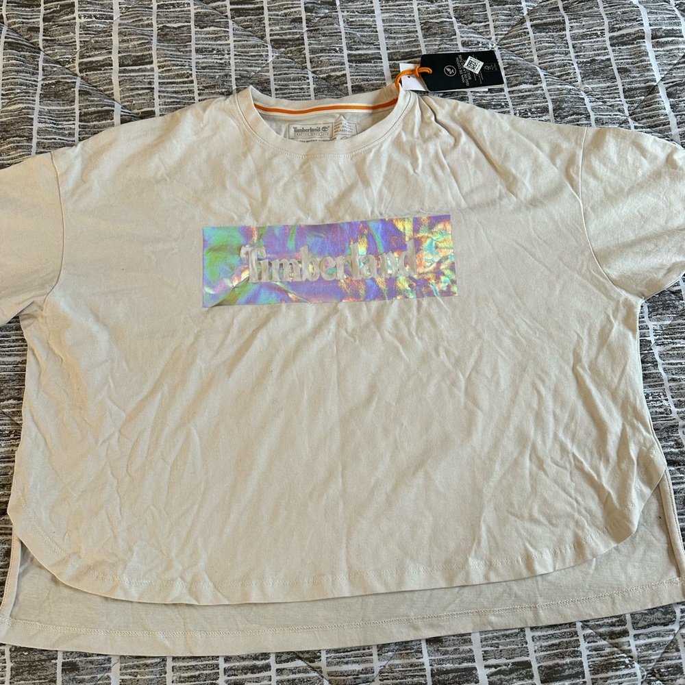 Timberland crop top Cream Tee with Holographic Detail
